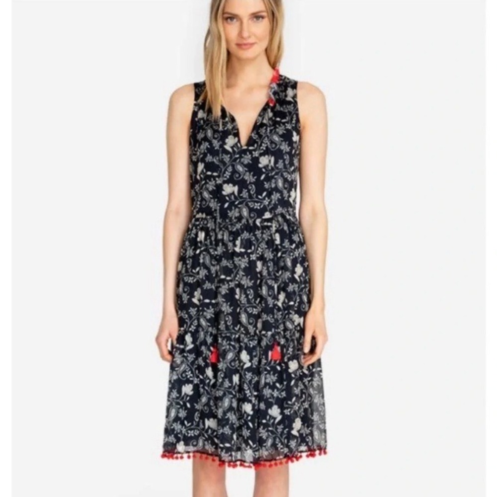 Jade by Johnny Was Susila Tiered Dress Silk Floral Pom Pom Trim Navy Red Large